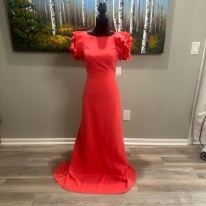 Rene Ruiz Coral-Red Ruffle Sleeve Maxi Gown